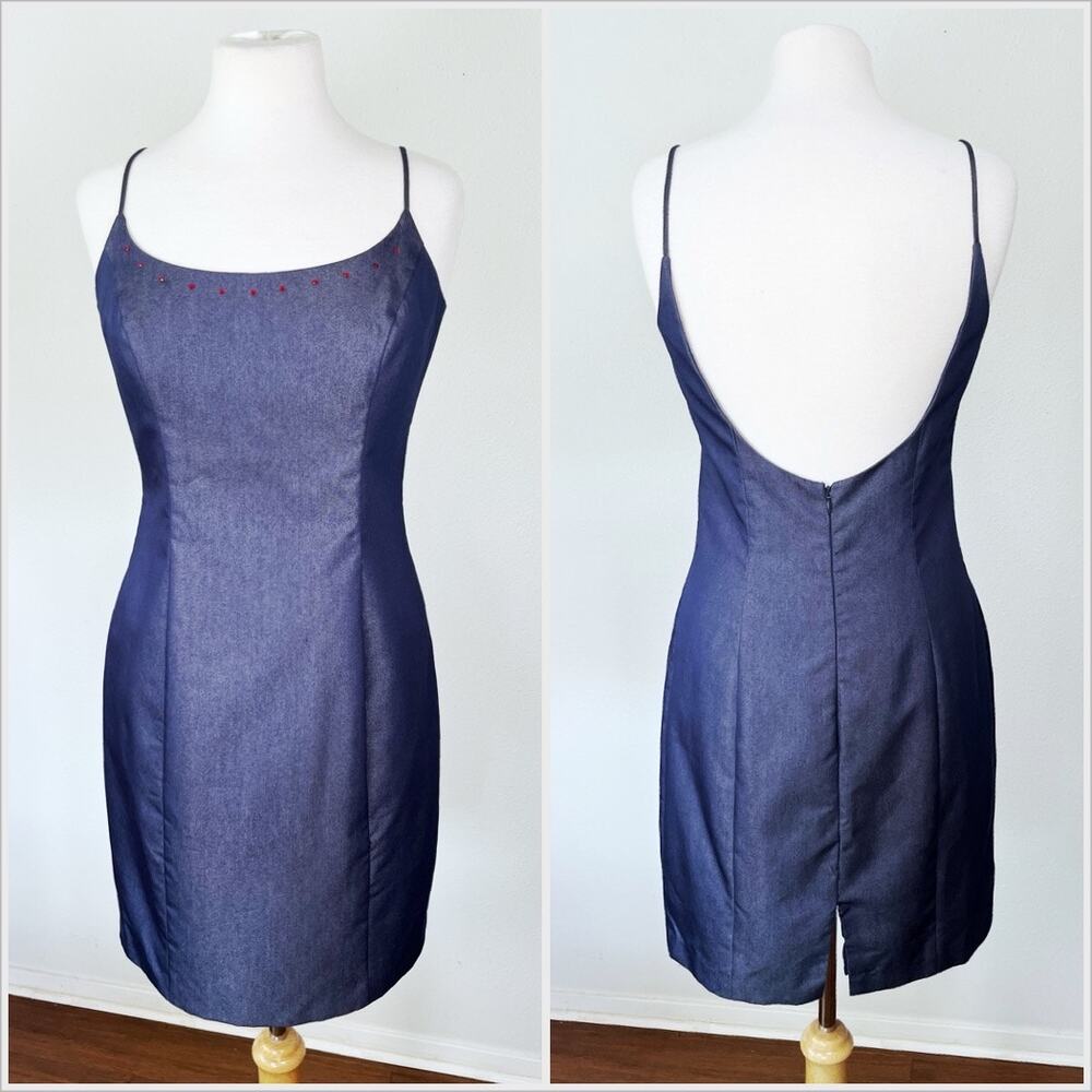Vintage‎ 90s Denim Mini Dress Blue Navy Bodycon Sheath // Size Medium 8